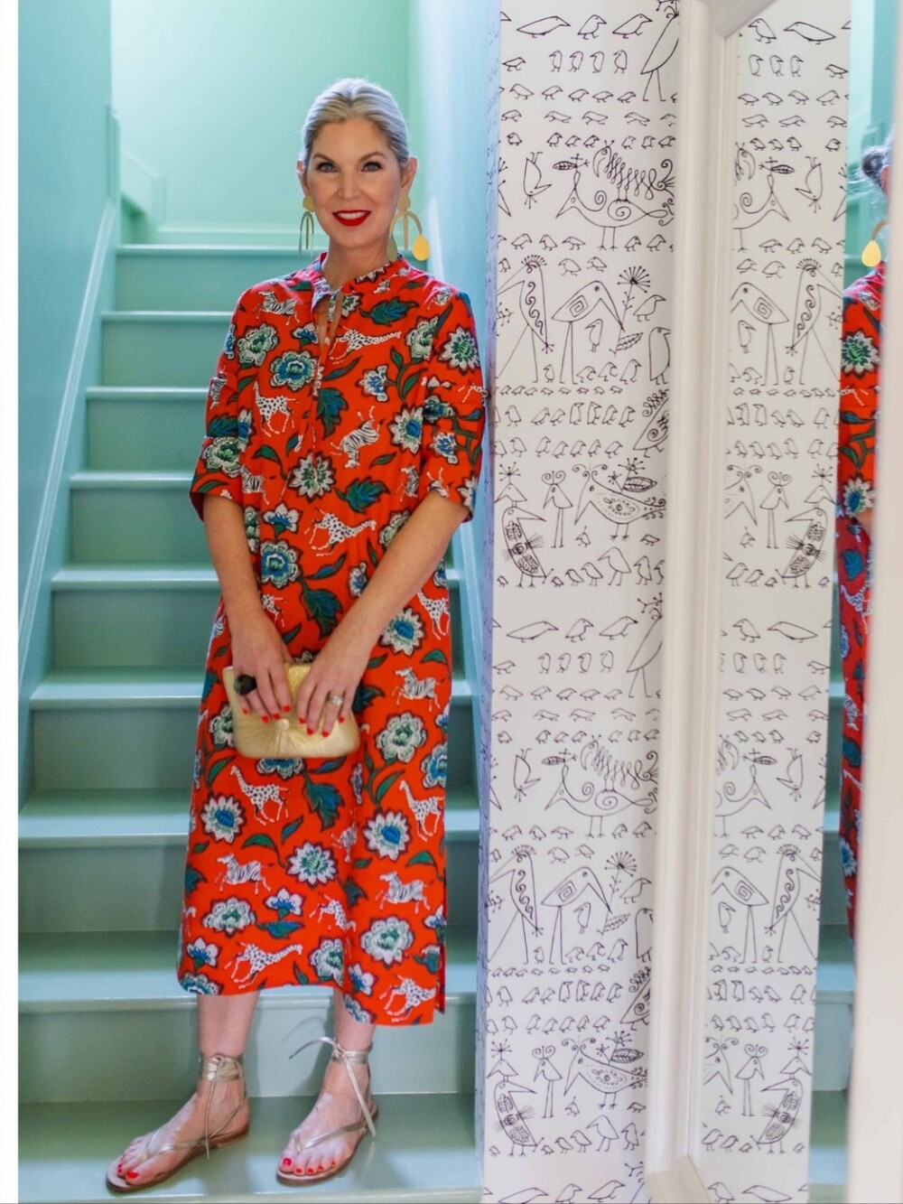 Printfresh Coral-Red Floral Midi Dress with Blue and Green Blooms